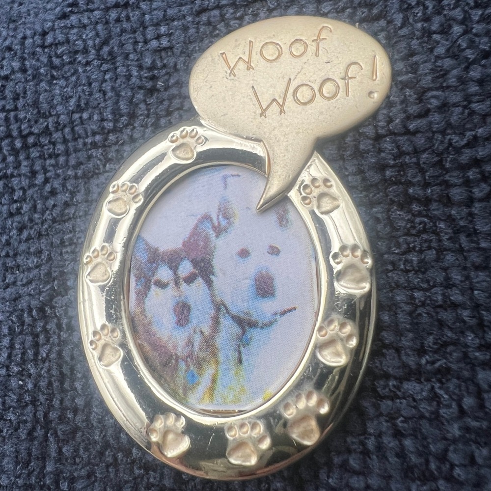 Vintage Brooch Dog Frame Woof Woof Gold Tone Paw Prints 1980s